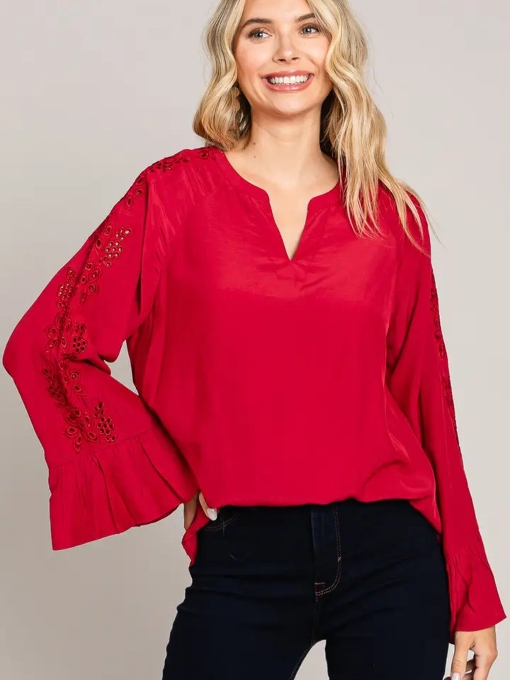Red Embroidered V-Notch Long-Sleeve Blouse